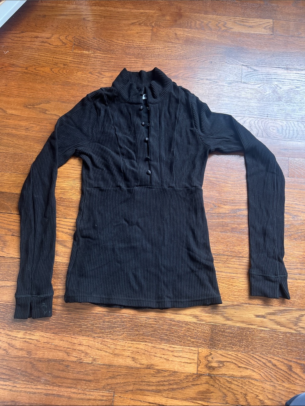 Black Ribbed Mock-Neck Button-Front Long Sleeve Top